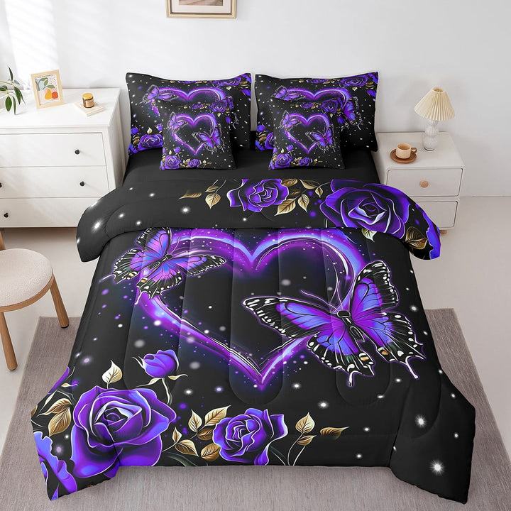 Erosebridal Valentines Day Bed in a Bag King size 7 Pieces, Romantic Theme Bed Set, Black Purple
