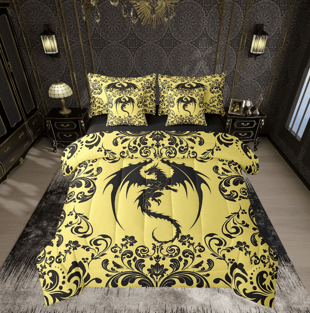 Gothic Dragon Full Comforter Set 7 Piece Goth Gold Black Damask Bedding Set With Sheets Adults Bohemian Exotic Floral Animal Bed In A Bag Retro Victorian Baroque Dragon Bed Set