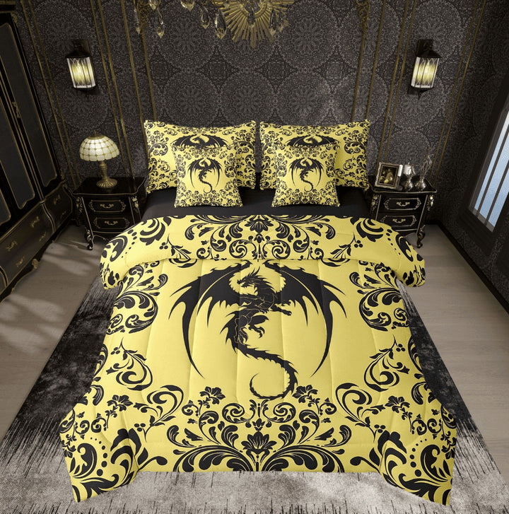 Gothic Dragon Full Comforter Set 7 Piece Goth Gold Black Damask Bedding Set With Sheets Adults Bohemian Exotic Floral Animal Bed In A Bag Retro Victorian Baroque Dragon Bed Set