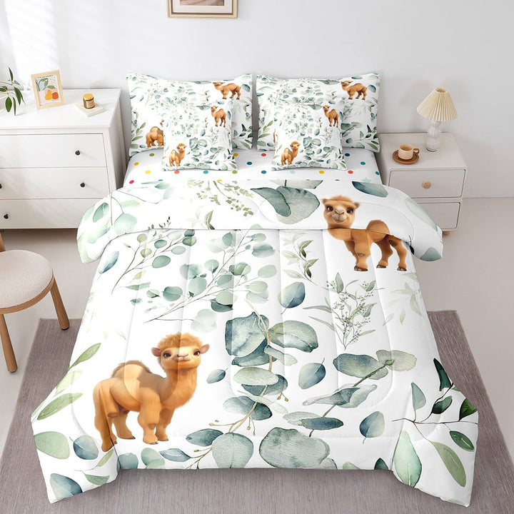 Erosebridal Cartoon Camel Bed in a Bag 7-Piece Desert Wildlife Bedding Set, Spring Plant Twin Size Comforter Set Eucalyptus Leaf Bedding Comforter Sets, Animal Theme Bed Set Room Decor