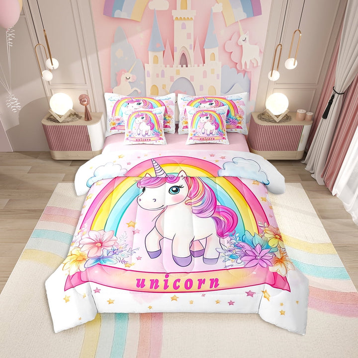 Erosebridal Cute Unicorn Bed in a Bag Twin size, Rainbow Horse Bed Set, Cartoon Floral Decor, Reversible