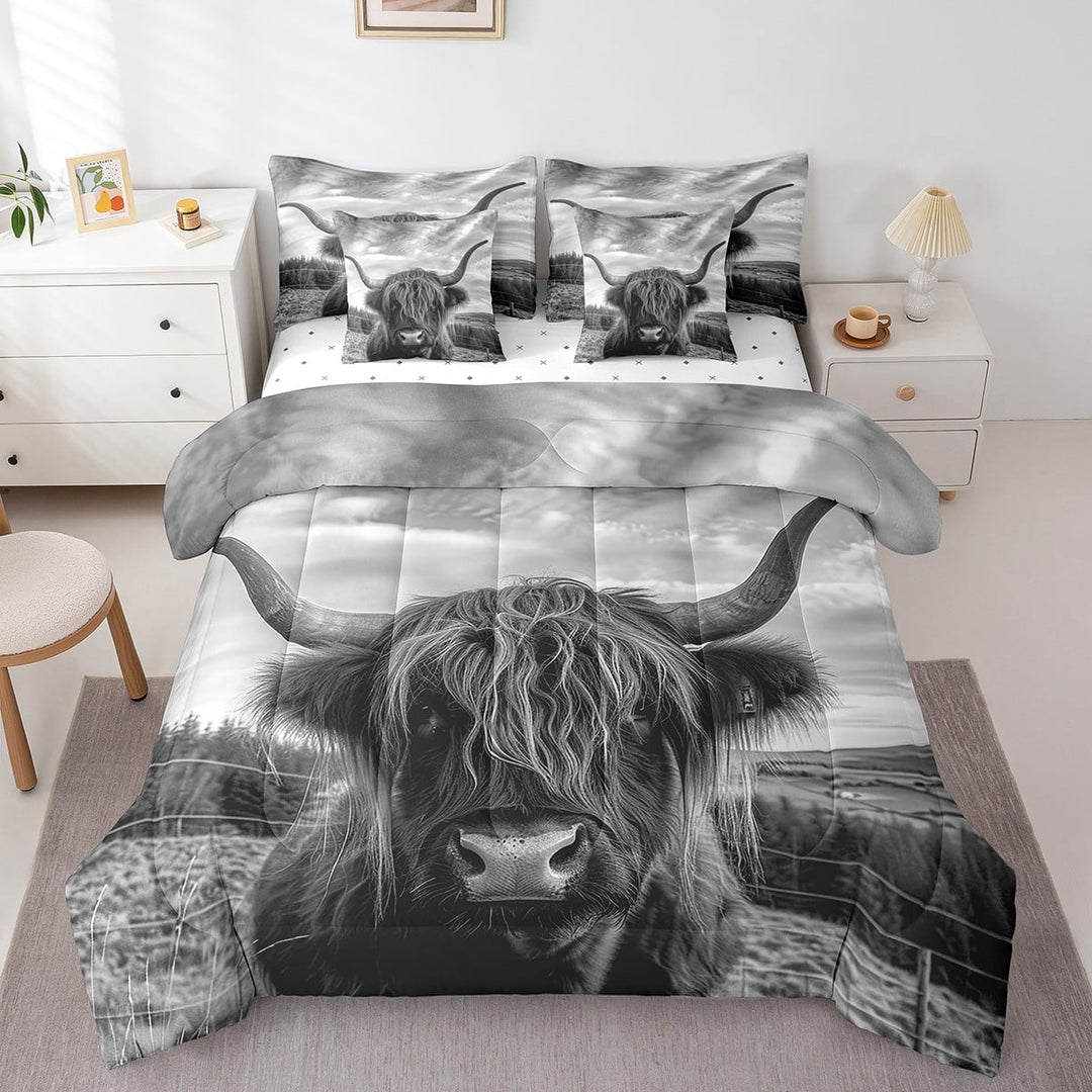 Highland Cow King Comforter Set,7 Pieces Black and White Cattle Comforters King Bed in a Bag Western Animals Farmhouse Bedding Comforter Sets with Comforter,Sheets,Shams &amp; Pillowcases