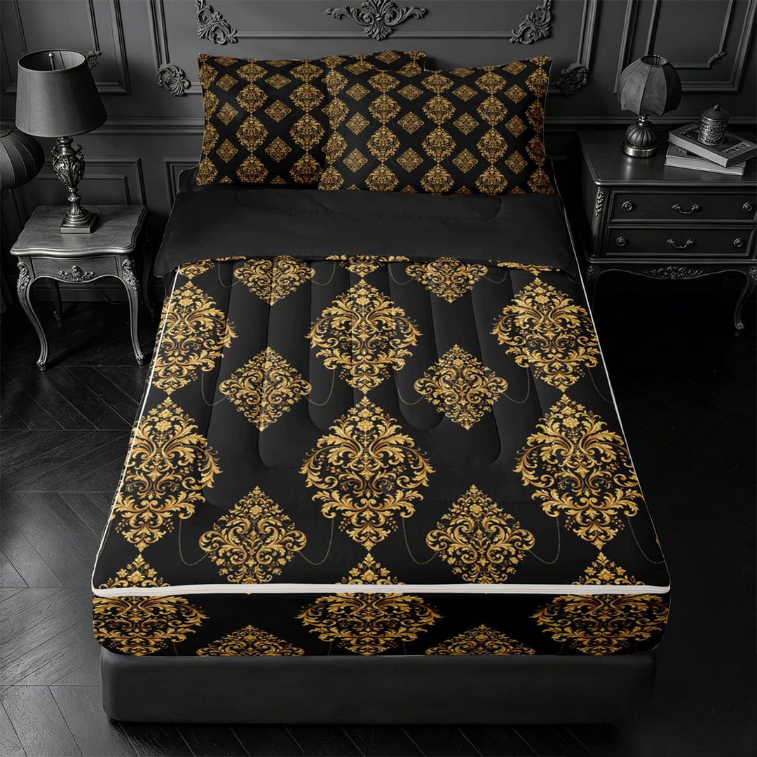 meiyoeat vintage Damask Floral Zipper Full Size Comforter Sets with Fitted Sheet and 2 Pillowcases,Baroque Flowers Pattern Zipper Bedding Set,Black Reversible,4-Piece