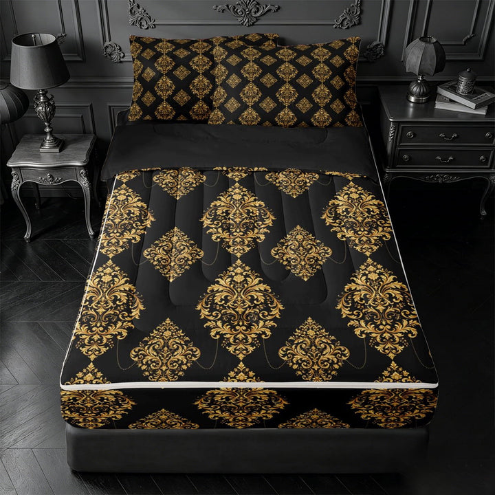 meiyoeat vintage Damask Floral Zipper Full Size Comforter Sets with Fitted Sheet and 2 Pillowcases,Baroque Flowers Pattern Zipper Bedding Set,Black Reversible,4-Piece