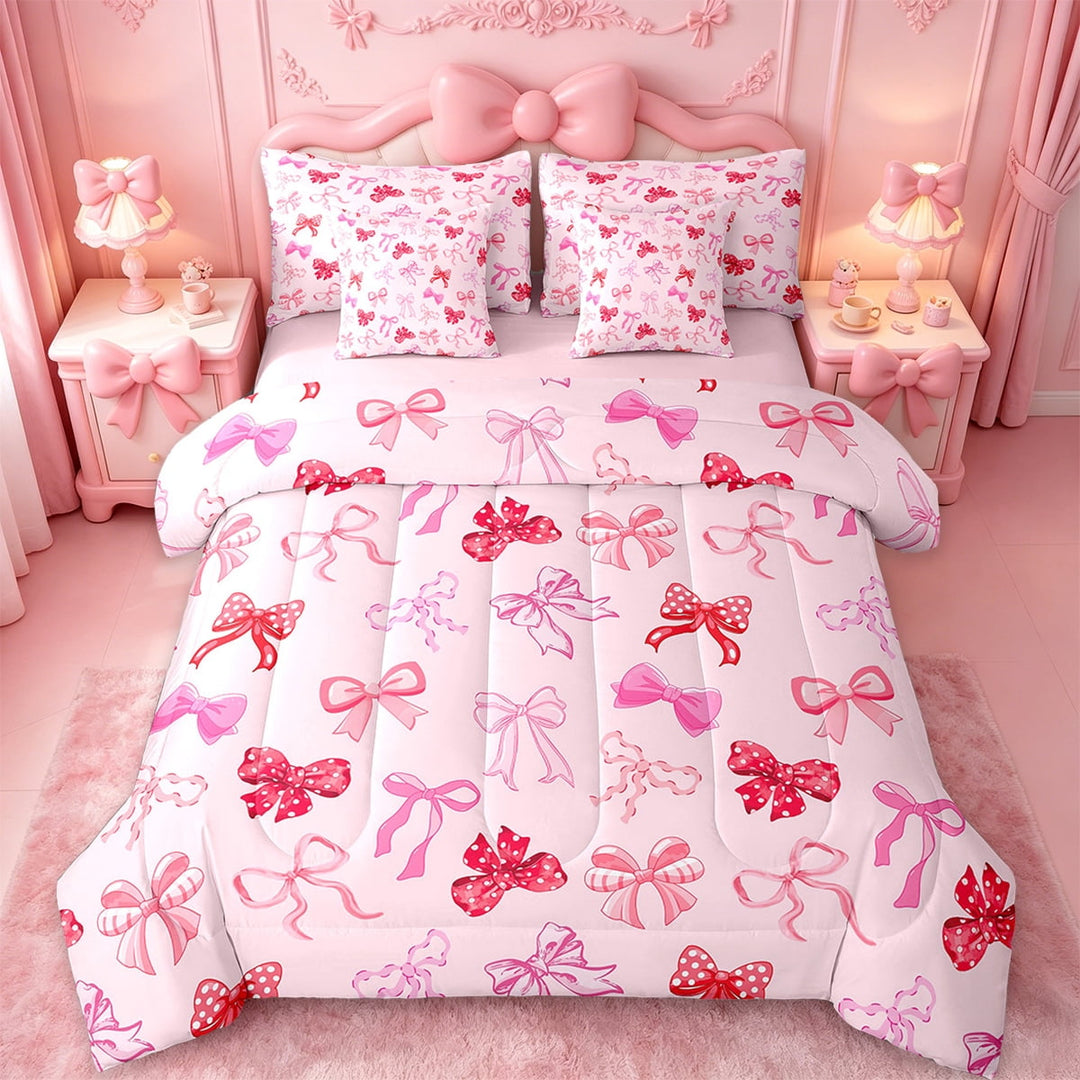 Erosebridal Bow Knot Pattern Bedding Twin Size,Cartoon Bow Bowknot Comforter Sets with Sheets,Fairy Tale Bedding Sets Twin Size For Teens,Lightweight Bedroom Decorative Reversible,7pcs