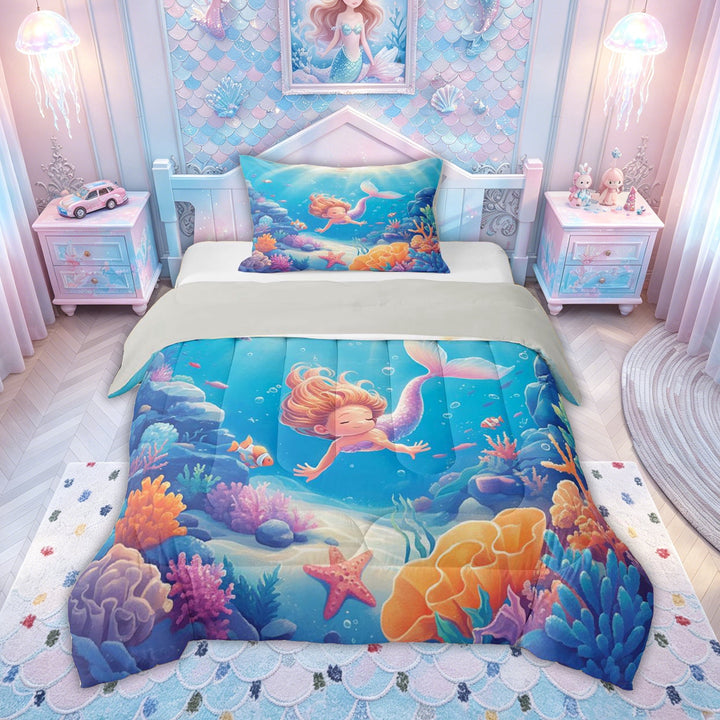 meiyoeat Fairy Mermaid Princess Full Size Comforter Sets for Kids Boys Girls, Dreamy Marine Animal Bedding Comforter Set, Blue Pink, Grey Reversible, 3pcs, 1 Comforter and 2 Pillowcases