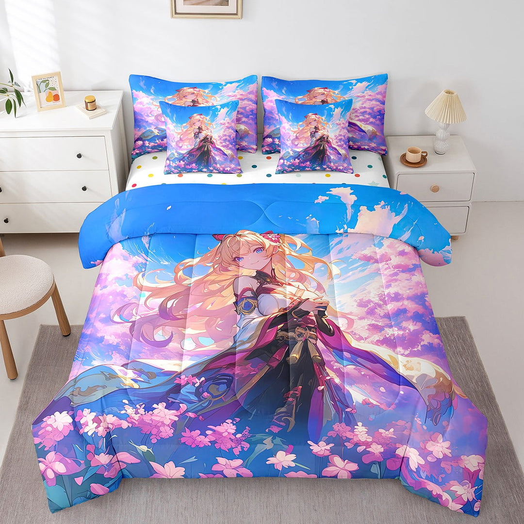 Anime Comforter Set 7 Piece Bed in a Bag Twin Cherry Blossom Bedding Sets,Cartoon Japanese Sheet Set with Comforter Japan Anime Gifts Bed Set,Kawaii Room Decor