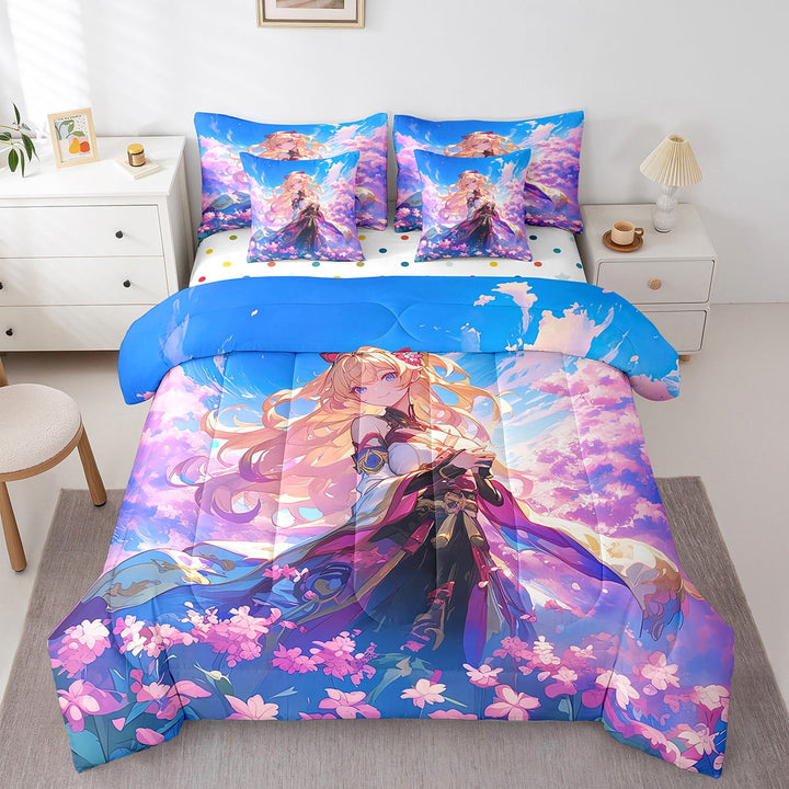Anime Comforter Set 7 Piece Bed in a Bag Twin Cherry Blossom Bedding Sets,Cartoon Japanese Sheet Set with Comforter Japan Anime Gifts Bed Set,Kawaii Room Decor