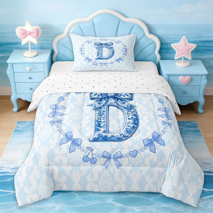 Erosebridal Girl Personalized Gifts Twin Comforter Sets,Rustic Bowtie Print Alphabet D Bedding Set For Kids,Reversible,2-Piece