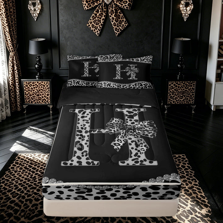meiyoeat Leopard Print Bow H Letter Zipper Twin Comforter Sets with Fitted Sheet and 2 Pillowcases for Kids Girls, Fashion Zipper Bedding Set, Black White, Black Reversible, 4 Pieces