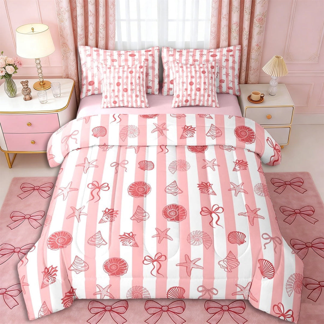 Erosebridal Girls Pink Ribbon Bow Twin Bedding Sets 7-Piece,Ocean Seashell Starfish Bedding Comforter Set for Teens Women,Pink Reversible,Microfiber Bedroom Decor