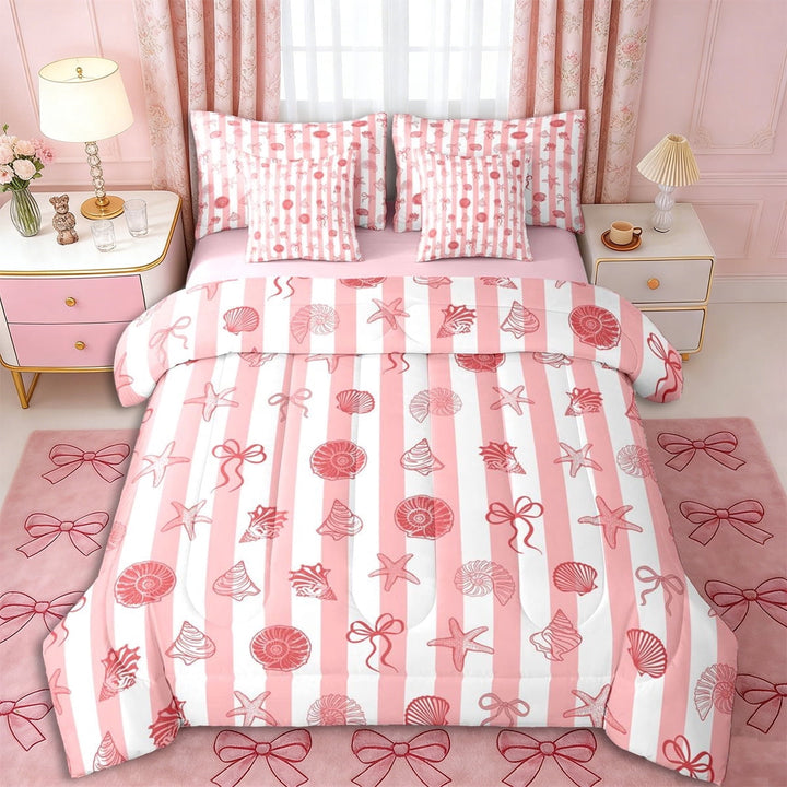 Erosebridal Girls Pink Ribbon Bow Twin Bedding Sets 7-Piece,Ocean Seashell Starfish Bedding Comforter Set for Teens Women,Pink Reversible,Microfiber Bedroom Decor