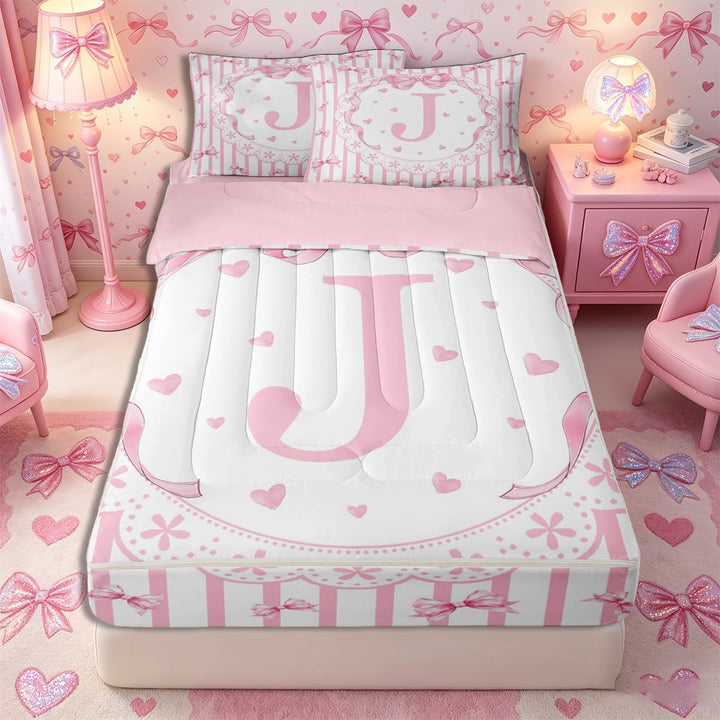 Meiyoeat Kawaii Bow Letter J Print Zipper Full Size Comforter Sets with Fitted Sheet and 2 Pillowcases, Floral Stripes Love Heart Zipper Bedding Set, Pink White,4pcs,Pink Reversible