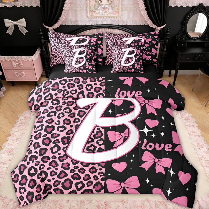 Erosebridal Black Pink Initial B Bedding Comforter Set for Girls, Cheetah Print Bow Full Bedding Set, Black Reversible, 7-Piece
