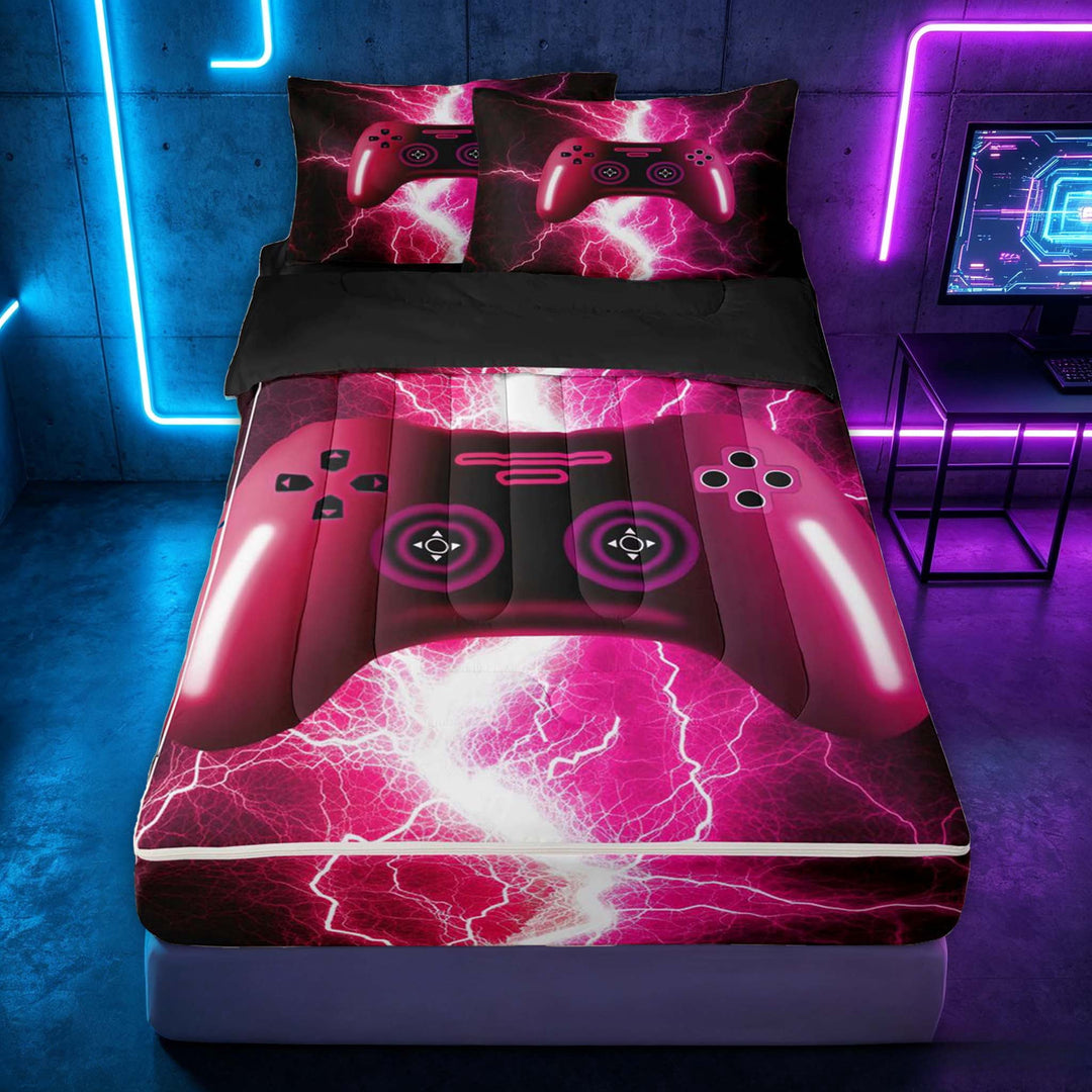 meiyoeat Neon Lightning Gamer Zipper Full Size Comforter Sets with Fitted Sheet and 2 Pillowcases for Teens Boys, Electric Pink Gaming Zipper Bedding Set, Black Reversible