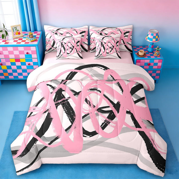 Erosebridal Abstract Geometric Stripes Bedding Twin Size,Oil Painting Style Comforter Sets with Sheets,Pink Black Bedding Sets Twin Size,Breathable Room Decor Reversible,7pcs