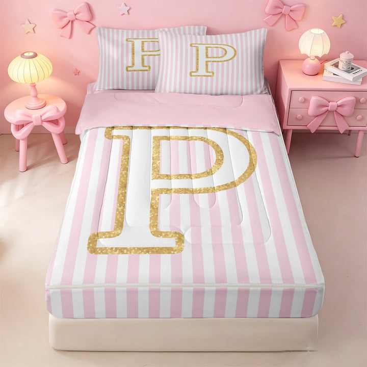 meiyoeat Personalized Monogrammed P Print Zipper Twin Comforter Sets with Fitted Sheet and 2 Pillowcases,Pink Abstract Geometric Line Pattern Zipper Bedding Set,4 Pieces