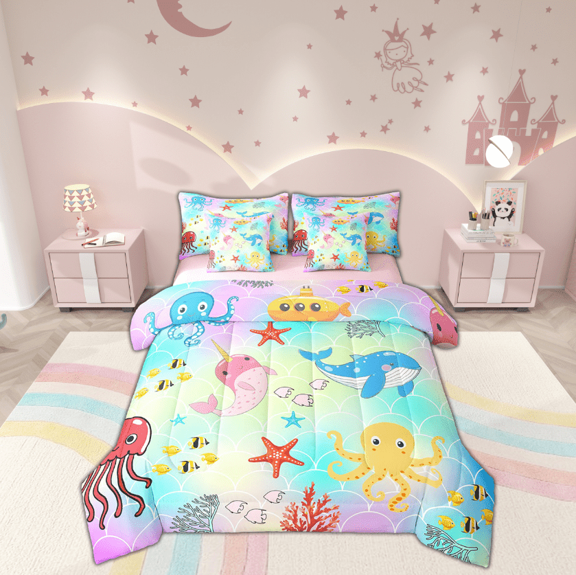 Erosebridal Kawaii Octopus Bedding Sets Twin Size, Cartoon Whale Starfish Comforter Sets with Sheets, Colorful Scale Reversible Bedding Twin Size, Microfiber Room Decorative, 7pcs