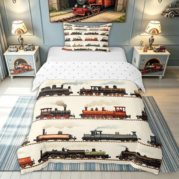 meiyoeat Vintage Train Print Bedding for Kids Boys, Classic Steam Engine Duvet Cover Full, Beige Multicolor, Reversible, 3pcs