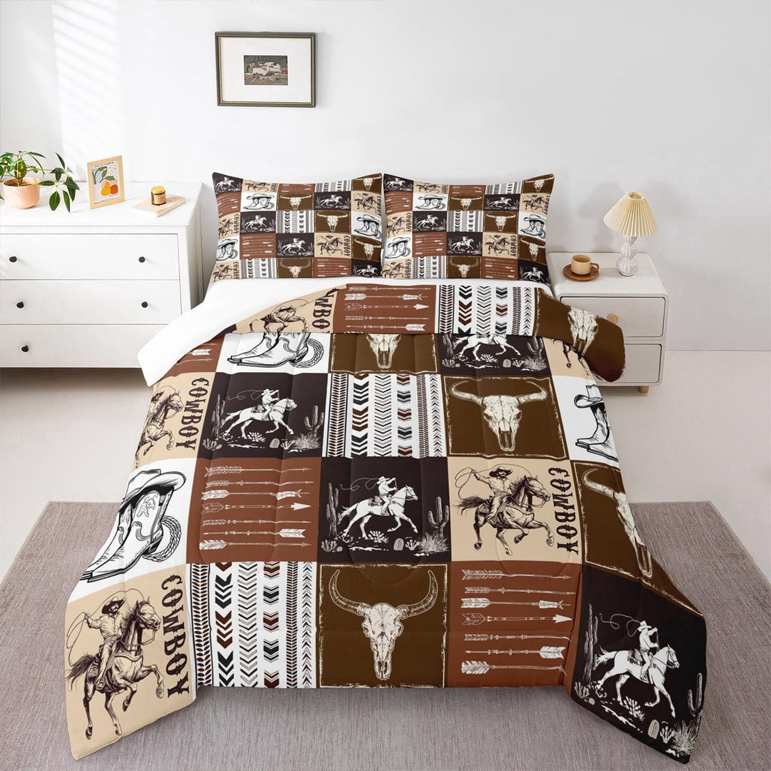 Erosebridal Western Cowboy Comforter Set, Bull Skull Horse Arrow Print Quilt Set, Geometric Grid Brown Plaid Print Bedding Set Teens Bedroom Decor