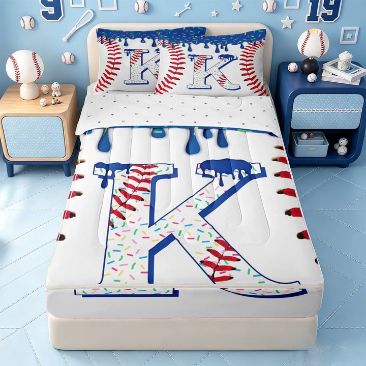 meiyoeat Baseball Ice Cream Zipper Twin Comforter Sets with Fitted Sheet and 2 Pillowcases For Boys,Abstract Sport Theme Monogram K Zipper Bedding Set,Reversible,4pcs