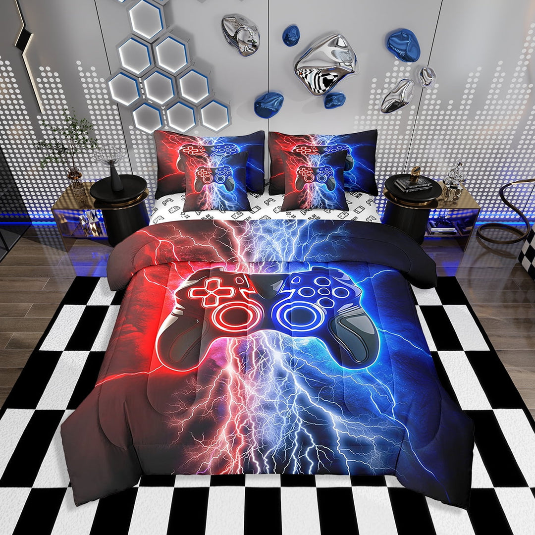 Erosebridal Gamer Comforter Set with Sheets Twin Size Gaming Bed in a Bag Set Teens Modern Game Console Controller 7 Pieces Bedding Set Joystick Room Decor Blue Red