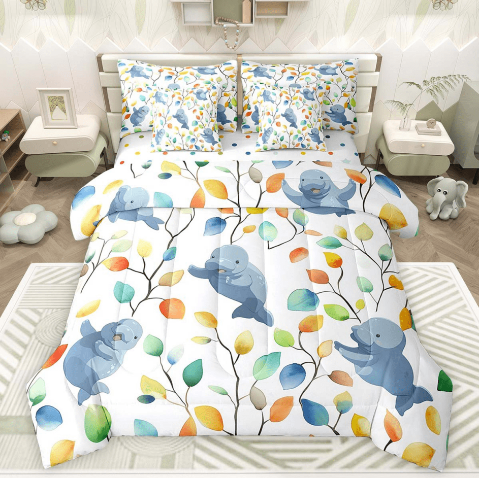 Cartoon Manatee Bedding Twin Size 7 Pieces Watercolor Floral Comforter Set, Botanical Plants Bedding Comforter Sets Ocean Animal Bed in a Bag, Tropical Leaves Bedding Accessories
