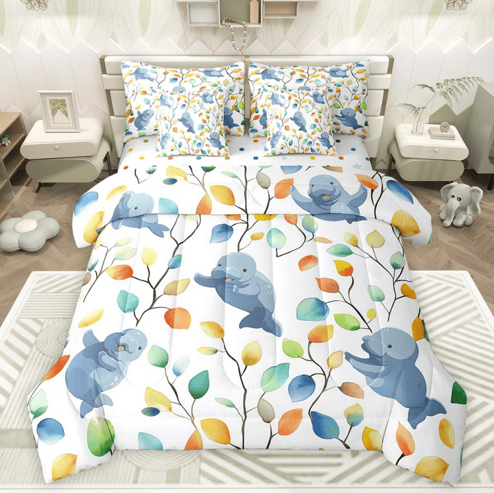Cartoon Manatee Bedding Twin Size 7 Pieces Watercolor Floral Comforter Set, Botanical Plants Bedding Comforter Sets Ocean Animal Bed in a Bag, Tropical Leaves Bedding Accessories