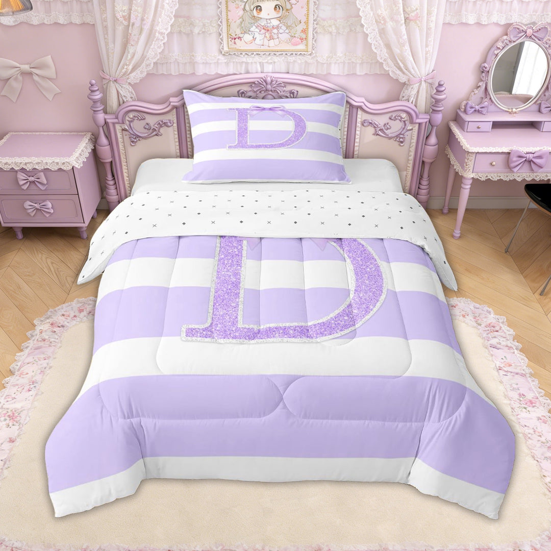 Erosebridal Glitter Print Bow Letter D Twin Comforter Sets for Girls, Purple Stripes Ribbon Bedding Set, Reversible, 2-Piece