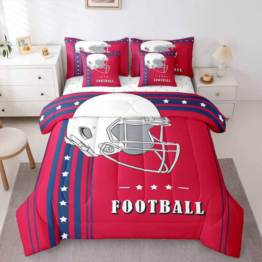7 Pieces American Football City Bedding Twin Size Football Lovers Sports Game Comforter Set with Sheets, Football Player Helmet Design Comforter Set Bed in a Bag, Red Blue (New England)