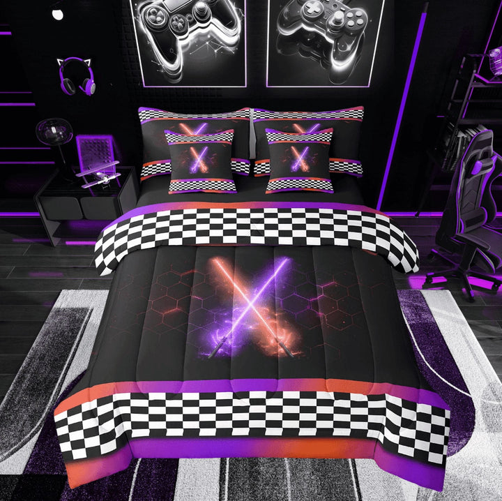 Erosebridal Teens Sports Bedding Twin Size, Lightning Bedding Sets Twin Size, Racing Checkered Decor, Reversible 7pcs