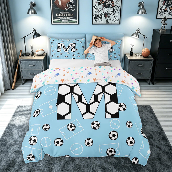 meiyoeat Soccer Letter M Bedding for Boys, Ball Field Duvet Cover Full, Blue, Colorful Stars Reversible 3 Pieces, 1 Duvet Cover and 2 Pillowcases (No Comforter)