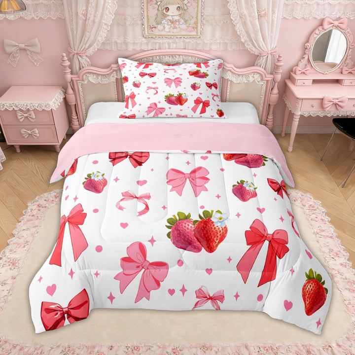 Erosebridal Strawberry Bow Twin Comforter Sets for Girls, Cute Pink Strawberry Ribbon Bedding Set, Pink Reversible, 2-Piece