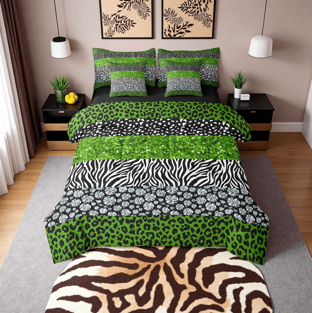 7Pcs Cheetah Print Comforter Set Watercolor Green Diamond Bedding Queen, Leopard Print Comforter + Flat Sheet + Fitted Sheet + 2 Pillowcases + 2 Throw Pillow Covers (No Glitter No Sequin)