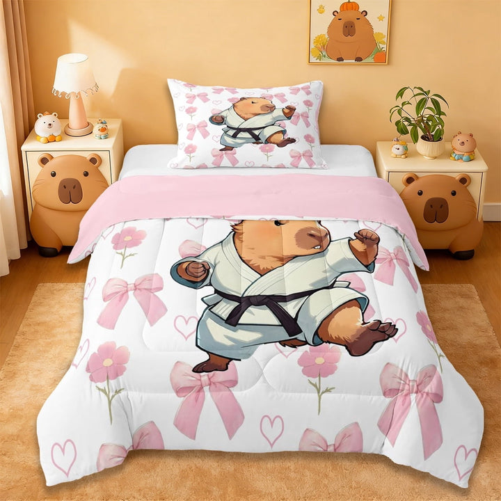 Erosebridal Funny Capybara Twin Comforter Sets For Capybara Lovers,Pink Floral Kawaii Bow Loves Bedding Set ,Reversible Pink 2 Pieces