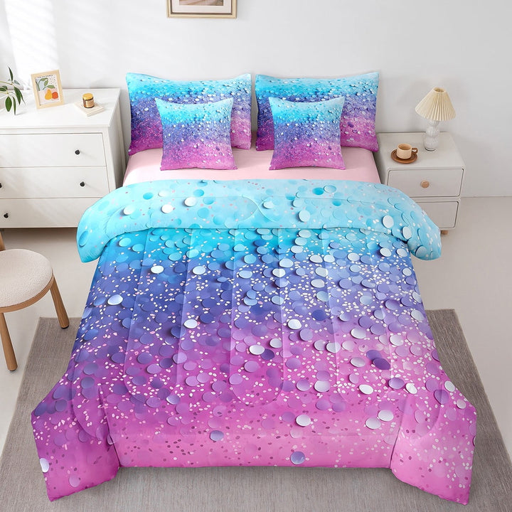 7 Pcs Mermaid Scales Comforter Set Twin Size,Colorful Ombre Bed In A Bag with Flat Sheet and Fitted Sheet Women,Glitter Rainbow Bedding Set with Pillowcase and Sham