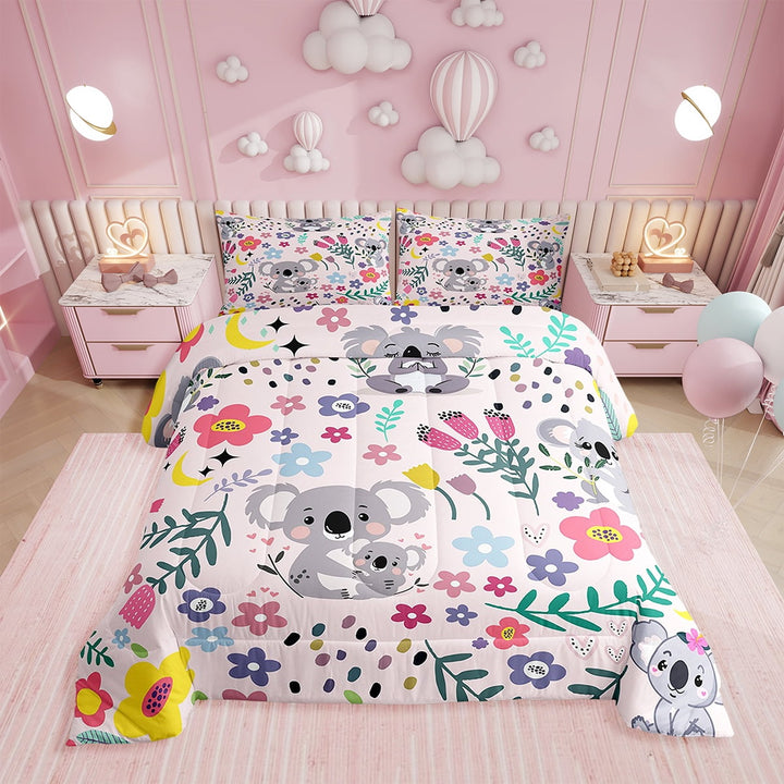 Full Koala Comforter Set ,Cartoon Animal Bedding ,Lovely Koala Flower Moon Floral Comforter Sets,Groovy Style AlterPink Bed Sets 3pcs