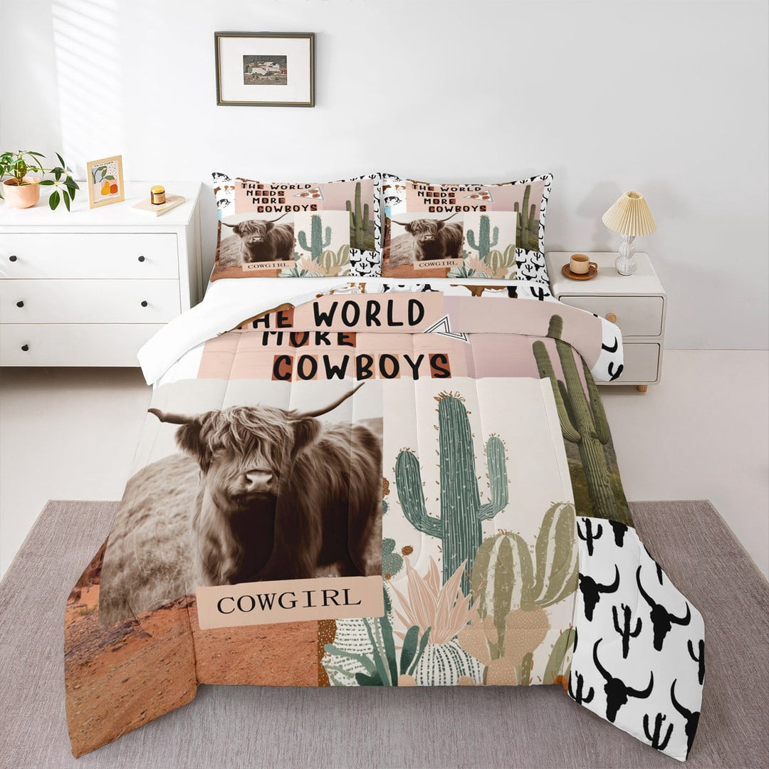 Western CowHorses Bedding Comforter Sets,Retro Farmhouse Style Tropical Cactus Plants Bedding Set for Bedroom Decor