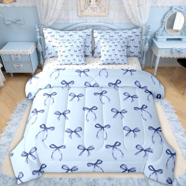 Erosebridal Light Blue Satin Bow Twin Bedding Sets for Girls, Blue Bowknot Bedding Comforter Set for Women, Reversible, 7-Piece