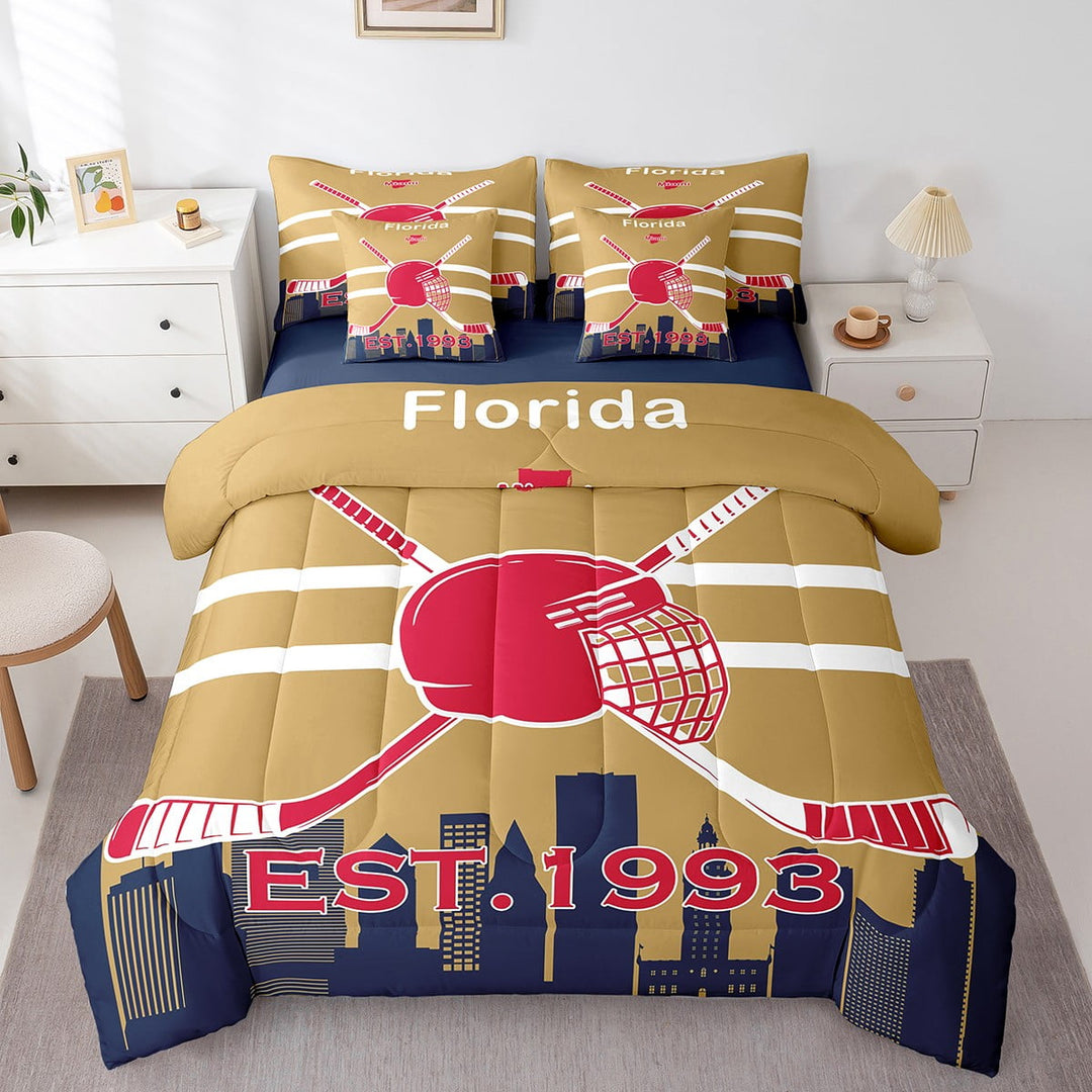 7 Pieces Bed in a Bag Twin Comforter Set with Sheets, Ice Hockey Design Bedding Sets for All Season (1 Comforter, 2 Pillow Shams, 1 Flat Sheet, 1 Fitted Sheet, 2 Pillowcases),Florida