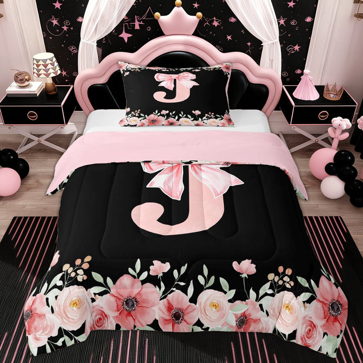 Erosebridal Cute Bowknot Floral Twin Comforter Sets, Black Pink Initial J Bedding Set, 2 Pieces