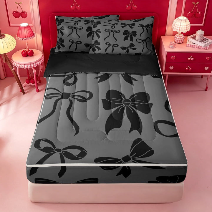 meiyoeat Black Bow Zipper Twin Comforter Sets with Fitted Sheet and 2 Pillowcases For Girls,Cute Coquette Bowknot Zipper Bedding Set For Kids,Black Reversible,4 Pieces