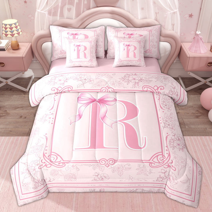 Erosebridal Pink Initial Letter R Twin Bedding Sets, Vintage Bowknot Flower Bedding Comforter Set, 7-Piece