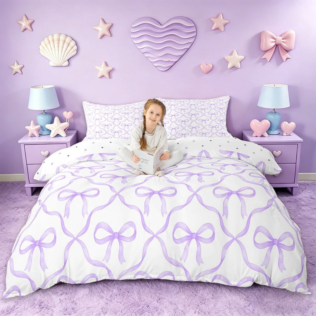 Erosebridal Dreamy Princess Bowknot Duvet Cover Set,Purple Bowtie Ribbon Bedding Full For Kids,Reversible,3pcs(No Comforter)