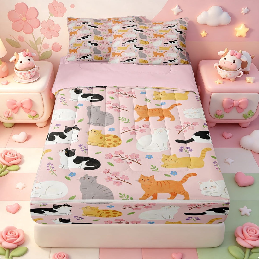 meiyoeat Cherry Blossom Cat Zipper Full Size Comforter Sets with Fitted Sheet and 2 Pillowcases,Cute Kitten Pattern Zipper Bedding Set,Pink Reversible,4 Pieces