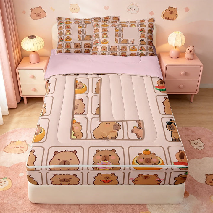 meiyoeat Brown Capybara Zipper Full Size Comforter Sets with Fitted Sheet and 2 Pillowcases,Kawaii Animals Letter Print L Zipper Bedding Set,Pink Reversible,4-Piece