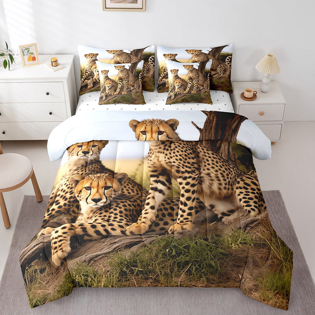 Leopard Comforter Set 7 Pcs Twin, Cheetah Sheet Set Bed In A Bag, Leopard Print Quilted Duvet,Safari African Savannah Wildlife Animals Sheet Set Bed In A Bag Young Man