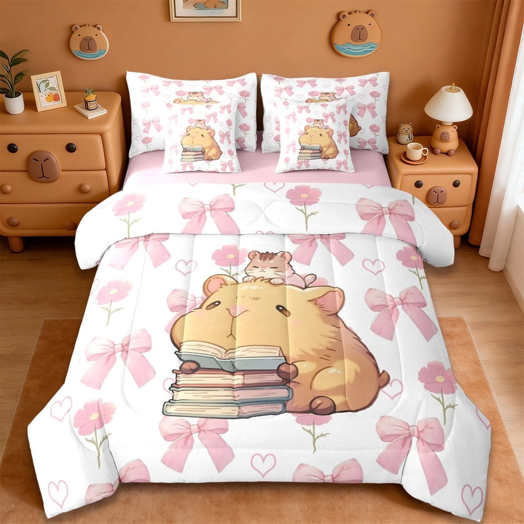 Erosebridal Kawaii Capybara 7-Piece Twin Bedding Sets,Pink Bow Cute Bowknot Bedding Comforter Set For Girls Kids ,Reversible Pink