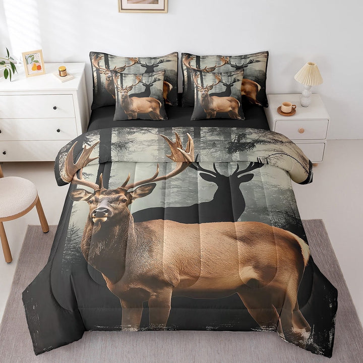 Erosebridal 7 Piece Hunting Deer Queen Bed In Bag For Teen Girl,Hunting Themed Bedding Sets,Wildlife Elk Comforter Set With Sheets 3D Animal Deer Bed Set Western Farmstyle Sheets