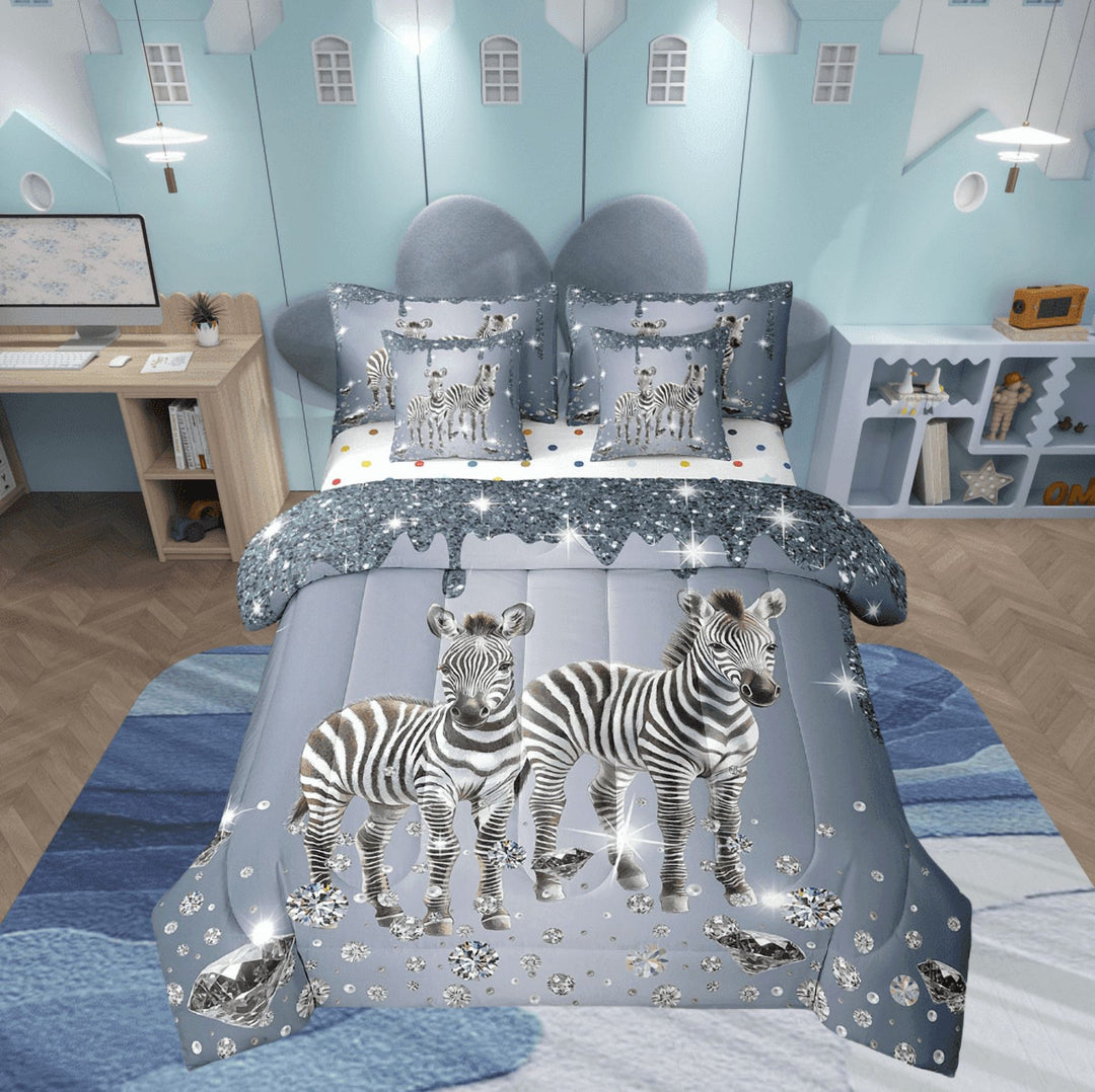 Zebra Comforter Set 7 Piece Bed in a Bag Twin,Sliver Sequin Fluid Art Bedding Set,Crystal Diamond Comforter and Sheet Set Animal Bed Set,Black And White Stripes Room Decor